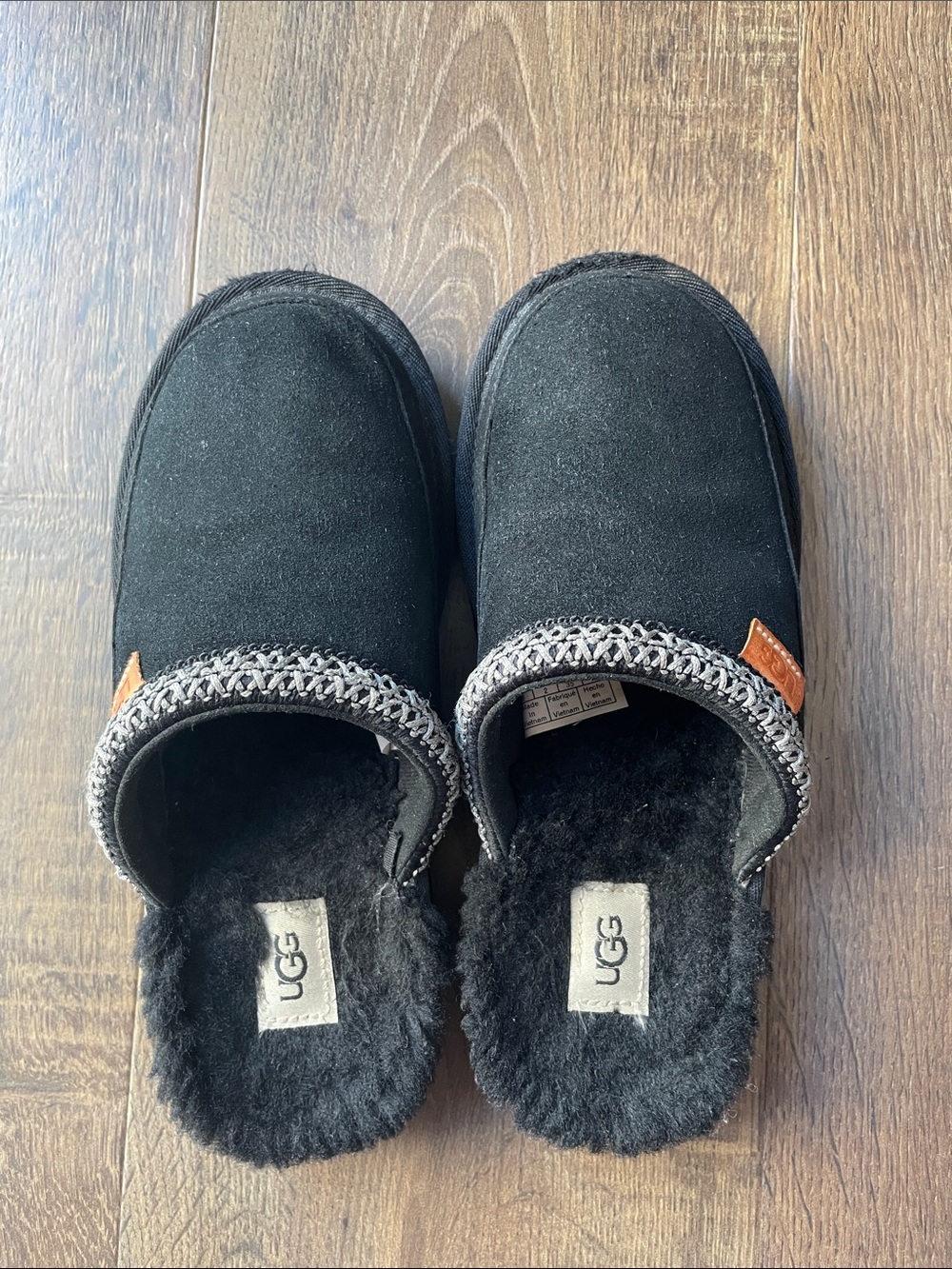 UGG Black Suede Slip-On Shearling Mules with Contrast Trim